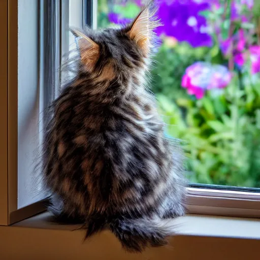 Image similar to medium - shot view from the back of a backlit maine coon kitten gazing out a window at flowers on a sunny day. 3 5 mm, f / 1 1. 0, iso 2 0 0, hdr