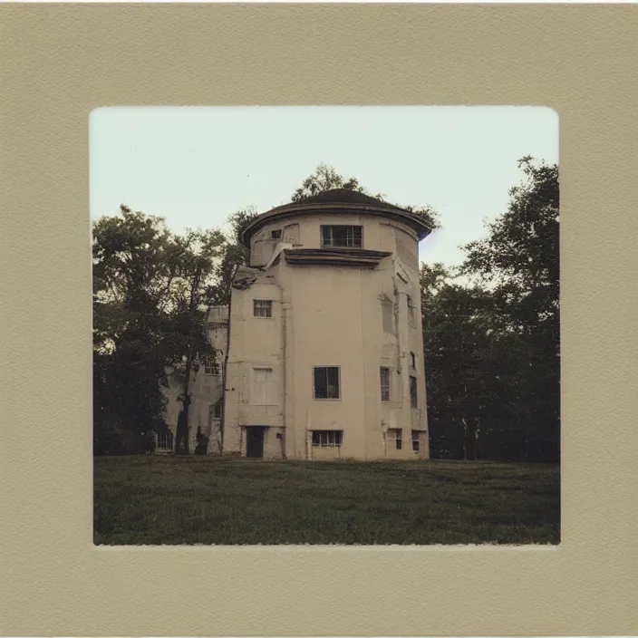 Image similar to a building in a serene landscape, polaroid photo