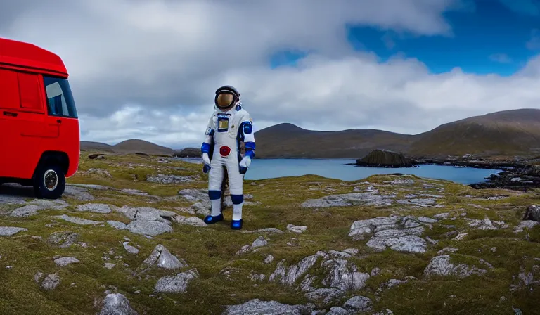 Image similar to tourist astronaut in sci-fi suit, standing in the Isle of Harris, Scotland, a futuristic campervan in the background, wide angle lens, photorealistic