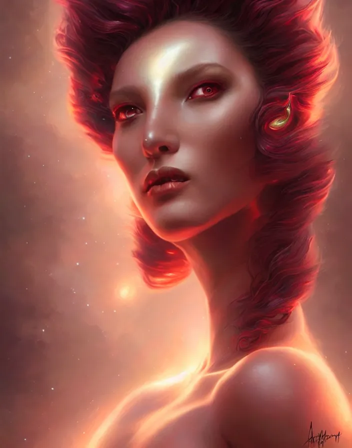 Prompt: a beautiful alien woman with ruby skin, painted by artgerm and tom bagshaw, fantasy art, dramatic lighting, highly detailed oil painting