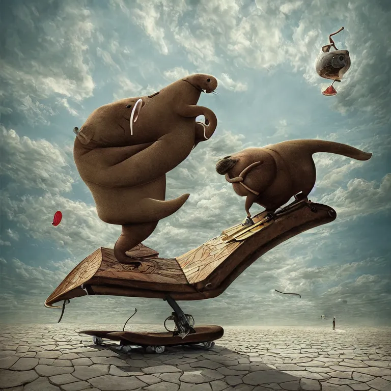 Prompt: skateboarding walrus, surrealist painting by igor morski, gediminas pranckevicius, beeple, ornament, porcelain, super - resolution, soft lighting, ray tracing global illumination, in a symbolic and meaningful style