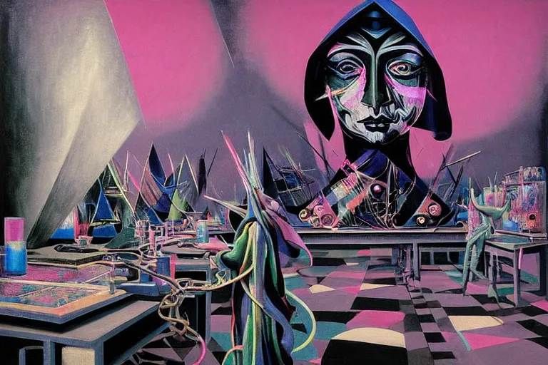 Image similar to a highly detailed beautiful masterpiece painting of a technomancer wizard in dazzle camouflage robes with pointed hood tampering with the world engine in his laboratory near a computer by Remedios Varo and Anato Finnstark and Greg Rutkowski and Andy Warhol and Francis Picabia, dayglo pink, dayglo blue, prismatic, pearlescent white, raven black, hyperrealism, 8k, trending on ArtStation