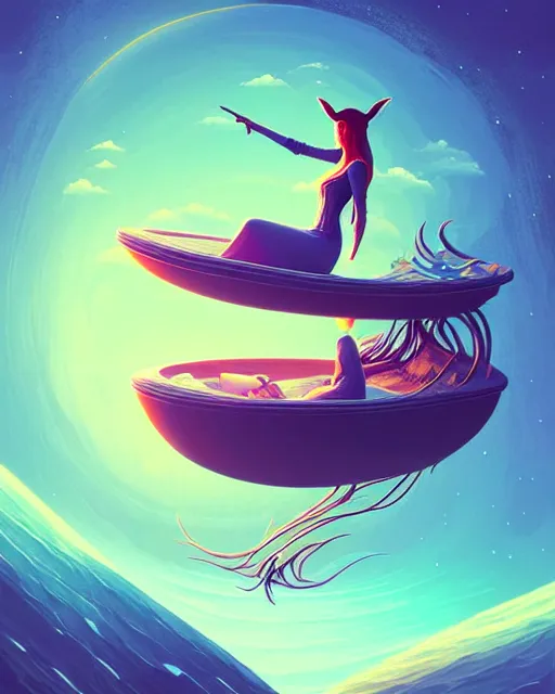 Image similar to beautiful painting of elven on a flying bed, art by mike winkelmann and by petros afshar, sky night, illustration, highly detailed, simple, smooth and clean vector curves, no jagged lines, vector art, smooth, artstation, blue color scheme