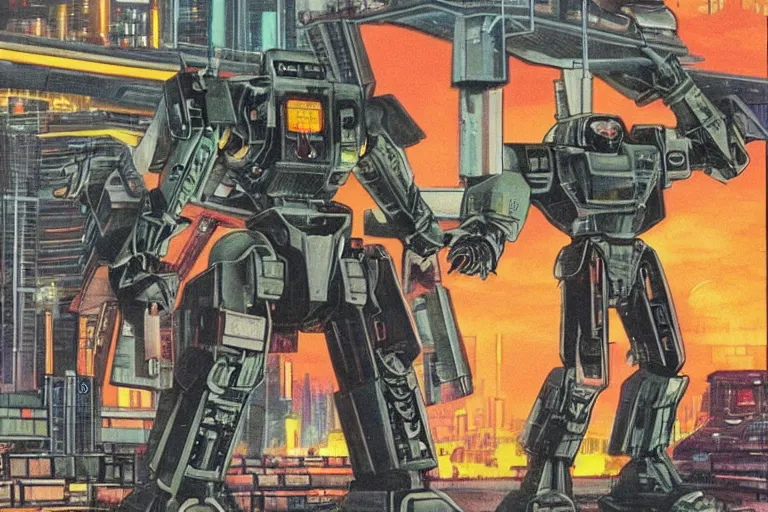 Prompt: 1 9 7 9 science fiction depicting mechwarrior in neo - tokyo. art by tim conrad and vic bonilla