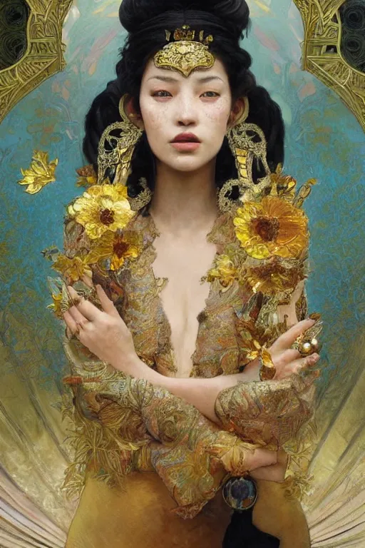 Prompt: portrait painting of a stunning proud empress, artstation, mymodernmet, by brad kunkle, by amir ershadi, by ben enwonwu, by alphonse mucha, by soey milk, by sangsoo jeong, gold foil aureola, black dress of iridescent feathers, divine, saint, mixed media