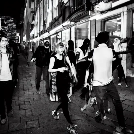 Prompt: Street photography, a group of people leaving a seedy nightclub at 3am, someone is smoking, someone is shouting