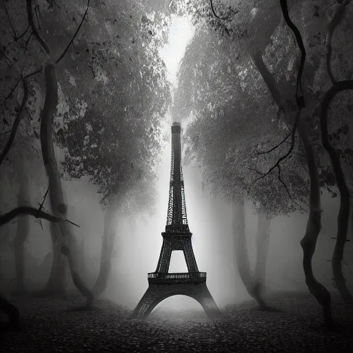 Prompt: eiffel tower surrounded by dense mystic forest with vines hanging from tree branches, fog, desaturated, creepy ambiance, sharp focus, highly detailed, artgerm, cgsociety