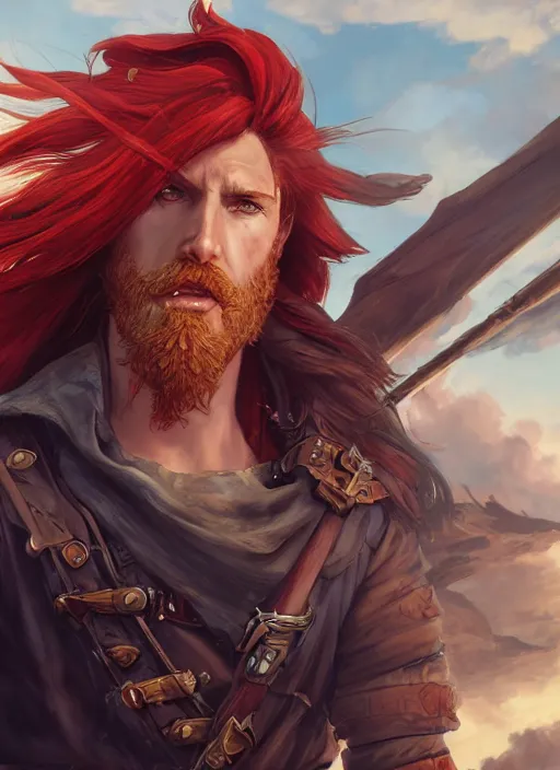 Image similar to an epic fantasy comic book style portrait painting of a long haired, red headed male sky - pirate in front of an airship, krenz cushart, unreal 5, daz, hyperrealistic, octane render, cosplay, rpg portrait, dynamic lighting