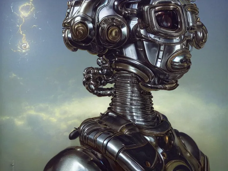 Prompt: a detailed profile oil painting of a polished humanoid robot with reflective visor, flight suit, portrait symmetrical and science fiction dieselpunk theme with aurora lighting by beksinski carl spitzweg and tuomas korpi. baroque elements, full-length view. baroque element. intricate artwork by caravaggio. Trending on artstation. 8k