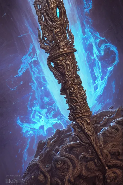 Prompt: an ornate and royal twisted ornate carved wooden wizards staff weapon with a radiant blue crystal on top, hovering, hyper realism, realistic shading, cinematic composition, blender render, hdr, detailed textures, photorealistic, 3 5 mm film, fantasy greg rutkowski digital painting, giger