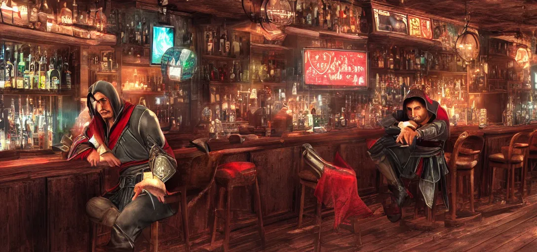 Prompt: Ezio Auditore from Assassin's Creed sitting in a bar sleeping, disco lights