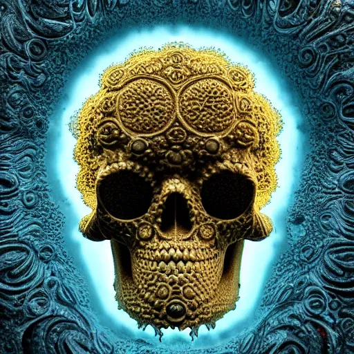 Image similar to fractal golden skull face, afro, third eye art art by machina infinitum, infinite intricacy, rendered in octane, mandelbulb 3 d, ambient occlusion, macro photography