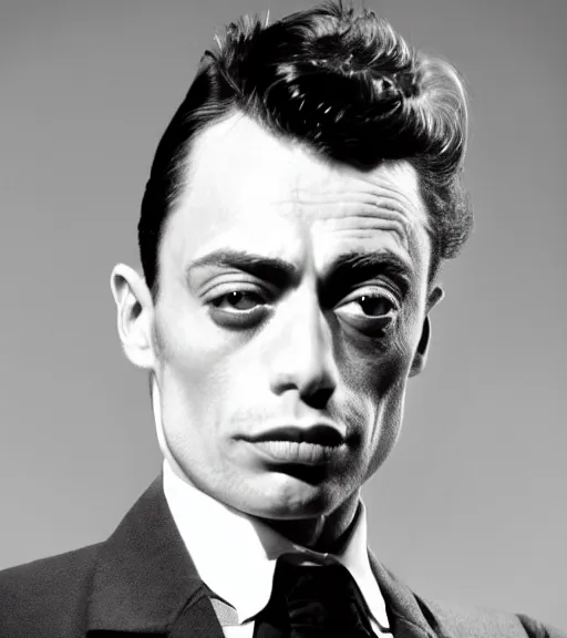 Prompt: a man who is a genetic combination of buster keaton and james dean, face and shoulders focus