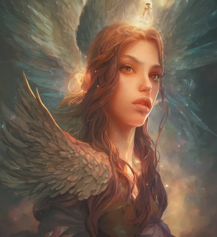 Image similar to centered waist up portrait photography an angel + bokeh + DOF + 8k, photorealistic + rendered in unreal engine + colors and composition by Peter Mohrbacher + line work by Dan Mumford , ultra realistic