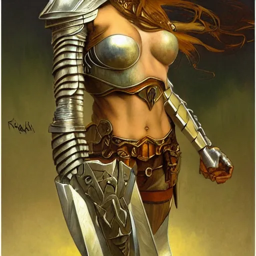 Image similar to half length portrait of a beautiful female elf armored paladin, royo, klimt, miro, vallejo, frazetta, alphonse mucha, greg rutkowski, whealan