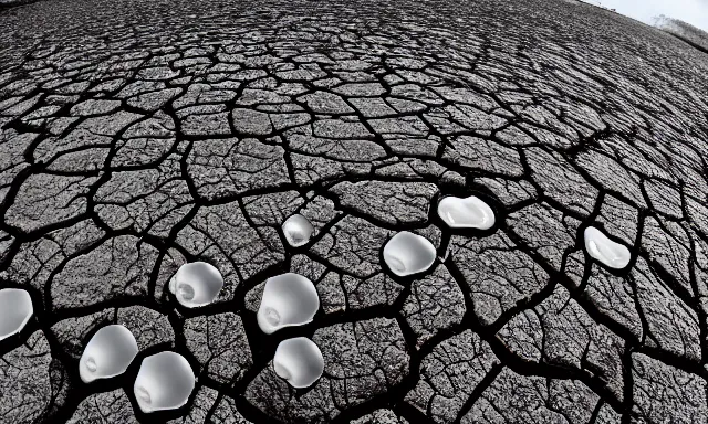 Image similar to panorama of big raindrops flying upwards into the perfect cloudless blue sky from a dried up river in a desolate land, dead trees, blue sky, hot and sunny highly-detailed, elegant, dramatic lighting, artstation, 4k, cinematic landscape, photograph by National Geographic