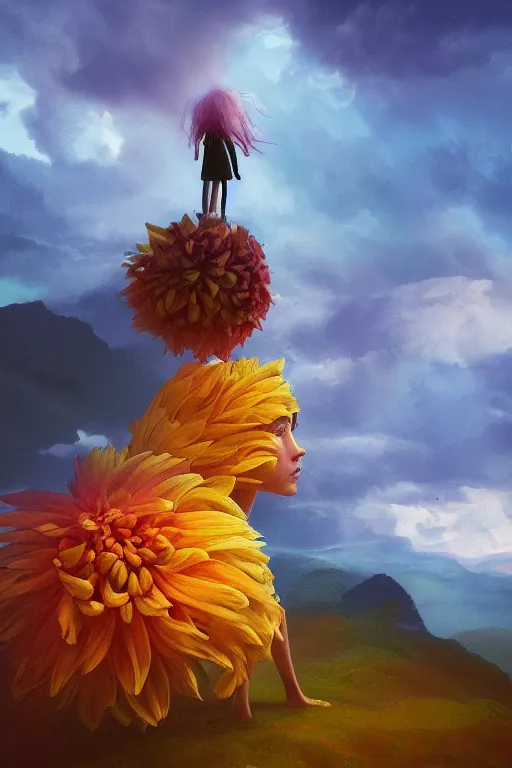 Image similar to closeup giant dahlia flower as head, girl standing on mountain, surreal photography, blue storm clouds, dramatic light, impressionist painting, digital painting, artstation, simon stalenhag