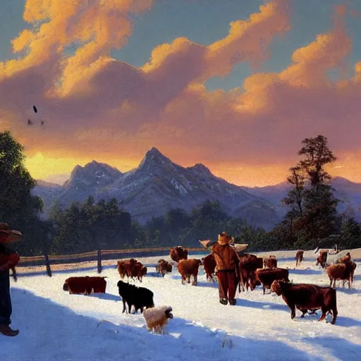 Image similar to an extremely detailed matte painting of a rancher feeding the animals at sunrise, tall rancher wearing a cowboy hat, dogs, cows, sheep, chickens, ducks, 4 k, ranch the morning after a light snowfall, by bob ross and norman rockwell and albert bierstadt