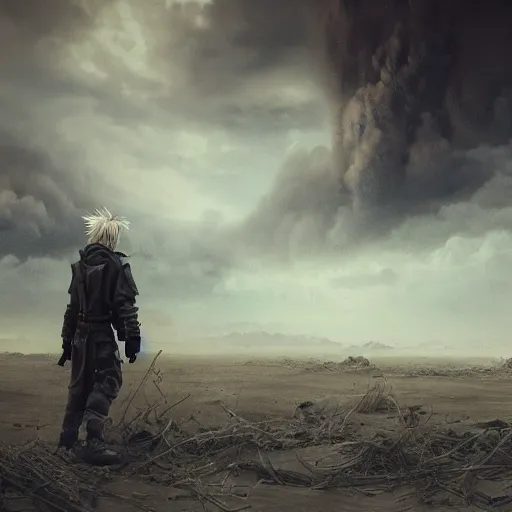 Prompt: Stunning Hyperealistic scene of cloud Strife in a abandoned wasteland, sandstorm by Beeple Andrei Riabovitchev Jake Souva Nicola Samori James Gilleard Ishbel Myerscough Scott Radke Jean-Baptiste Monge jakub