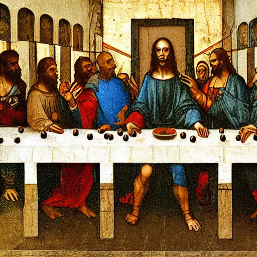 Prompt: A Cyberpunk Rendition of The Last Supper by Leonardo da Vinci