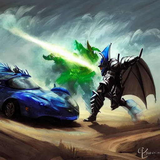 Prompt: dragon fight vs blue armor knight, green car, desert landscape, greg manchess, akehiko inoue and ross tran