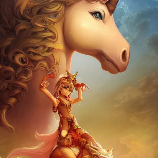 Image similar to A digital intricate illustration concept art of closeup portrait of a very beautiful goddess riding a unicorn by Renato muccillo and Andreas Rocha and Johanna Rupprecht + sharp focus + beautiful eyes + dofus colors, wakfu colors + symmetry + natural volumetric lighting, realistic 4k octane beautifully detailed render, 4k post-processing, intricate complexity, epic composition, magical atmosphere, highly detailed, cinematic lighting + masterpiece, trending on artstation + symmetry