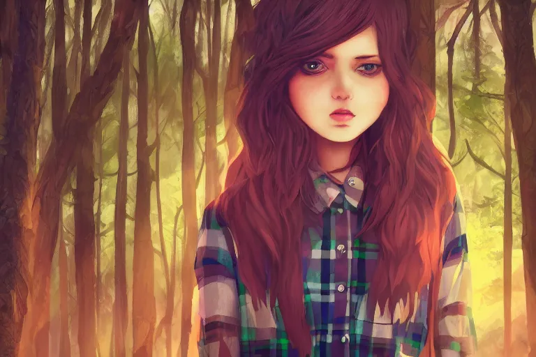 Image similar to sarah humpfrey as a girl in a dark forest, detailed plaid miniskirt, beautiful upper body, detailed face portrait, by dan mumford, anime style, octane render, trending on artstation