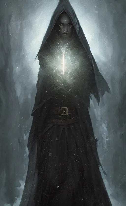 Image similar to Portrait of an elf in a black cloak, black hair, glowing eyes, male, detailed face, fantasy, highly detailed, cinematic lighting, digital art painting by greg rutkowski