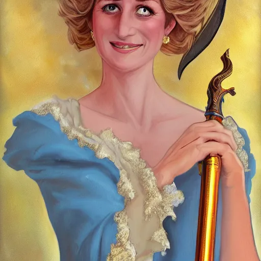 Image similar to a beautiful painting of Princess Diana holding a greatsword above her head, fantasy, art nouveau, golden hour, artstation