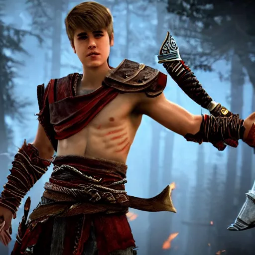 Image similar to justin bieber in the God of War game