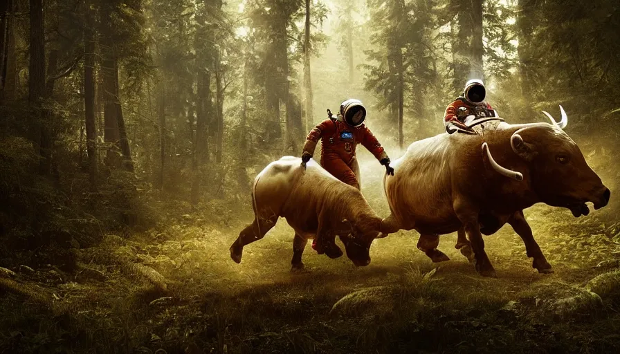 Prompt: american astronaut in the forest riding a bull, objects well lit, plants environment, wide angle, cinematic lighting, atmospheric, realistic, octane render, highly detailed, color graded, in the style of craig mullins