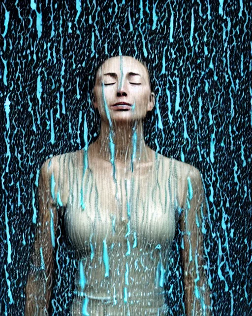 Image similar to Portrait of a woman with closed eyes standing in cybernetic rain, Justin Bartlett