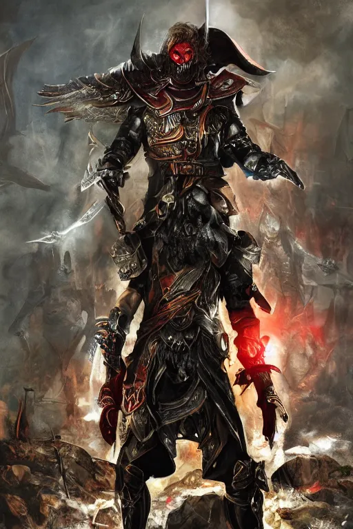 Image similar to Path of Exile, Sirius, bronze face, red eyes, male image with bronze black armor, sitting on the throne, black shadows, dark red bloody fog fly around, blood, Anachronism, painting, dark fantasy, steampunk, 4k, perfect quality,