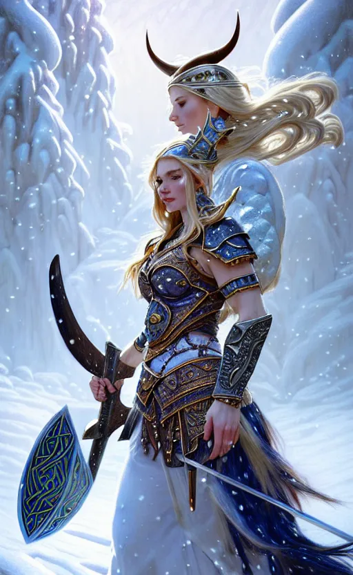 Image similar to opal viking warrior, regal, elegant, winter, snow, beautiful, stunning, hd, illustration, epic, d & d, fantasy, intricate, elegant, highly detailed, wide angle, digital painting, artstation, concept art, smooth, sharp focus, illustration, wallpaper, art by artgerm and greg rutkowski and alphonse mucha and jin xiaodi