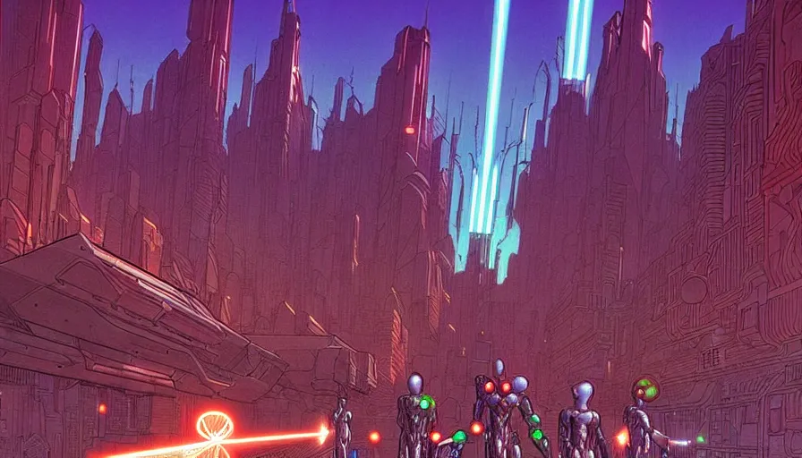 Image similar to metahumans and androids holding laser canons, fractals, cyberpunk city street, visual development by jean giraud and moebius, incal!!!!!!, dynamic lighting, daylight