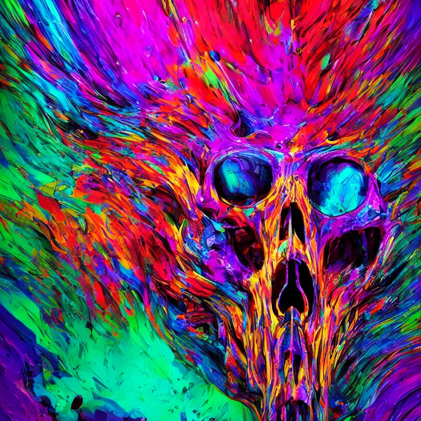 Prompt: colorful melting raven skull. ferrofluids, intricate abstract. intricate artwork. by Tooth Wu, wlop, beeple, dan mumford. octane render, trending on artstation, greg rutkowski very coherent symmetrical artwork. cinematic, hyper realism, high detail, octane render, 8k, depth of field, bokeh. iridescent accents