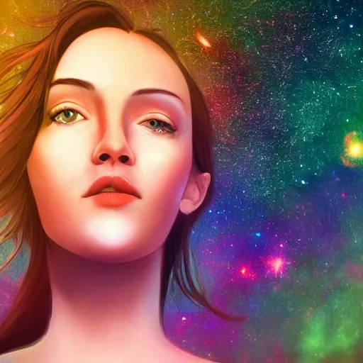 Prompt: an hd photo of a young woman with short brown hair, green eyes, beautiful trees in the background, night sky with multicolor stars and galaxies, trending on artstation