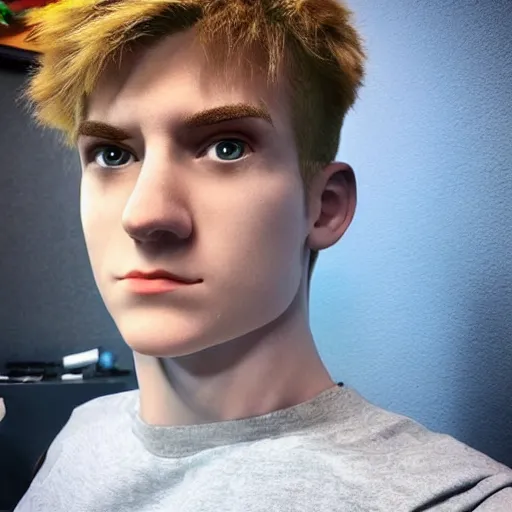 Image similar to “a realistic detailed photo of a guy who is an attractive humanoid who is half robot and half humanoid, who is a male android, twitch streamer Ninja Tyler Blevins, shiny skin, posing like a statue, blank stare, gaming room, blue hair”