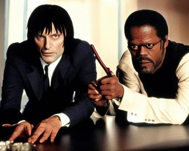 Prompt: Mads Mikkelsen as Vincent Vega in Pulp Fiction with Samuel Leroy Jackson