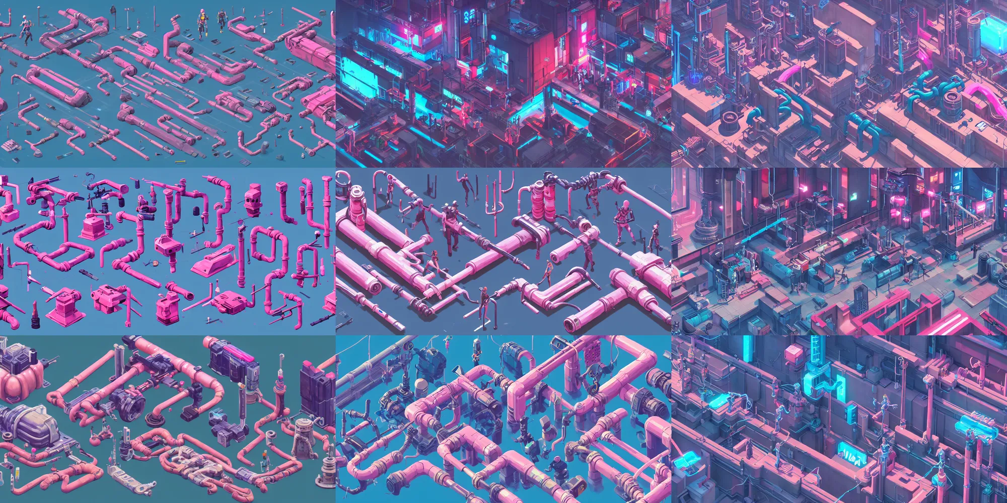 Prompt: game asset of the sims cyberpunk hydraulics and smaller joints, cables and pipes, in gouache detailed paintings, props, stylized, 2 d sprites, kitbash, arcane, overwatch, blue and pink color scheme, 8 k, close up