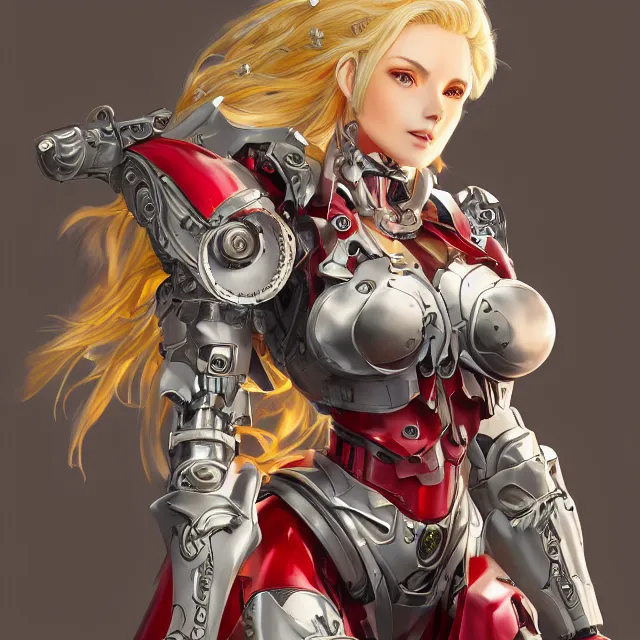 Prompt: studio portrait of lawful good colorful female holy mecha paladin absurdly beautiful, elegant, mature intelligent blonde gravure idol, ultrafine hyperrealistic detailed face illustration by kim jung gi, highly detailed faces, intricate linework, sharp focus, bright colors, matte, octopath traveler, unreal engine 5 highly rendered, global illumination, radiant light, intricate environment