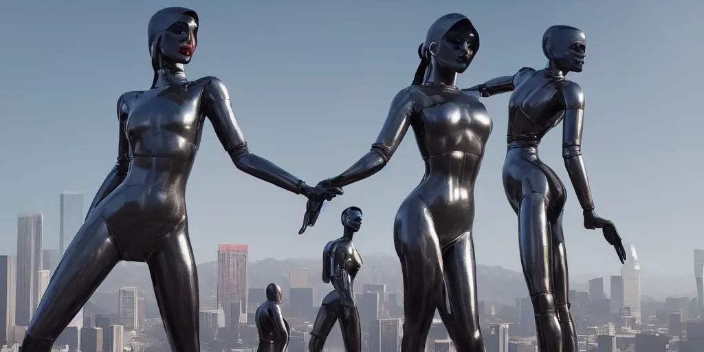 Image similar to cinematic wide angle view of a dystopian kylie jenner statue in the middle of los angeles being worshipped by shadow figures, orwellian, by neil blevins, high detail, digital art, pop art style, death stranding art style, cinematic lighting, artstation, cgsociety, unreal engine 5 render, octane render, 3 5 mm film grain