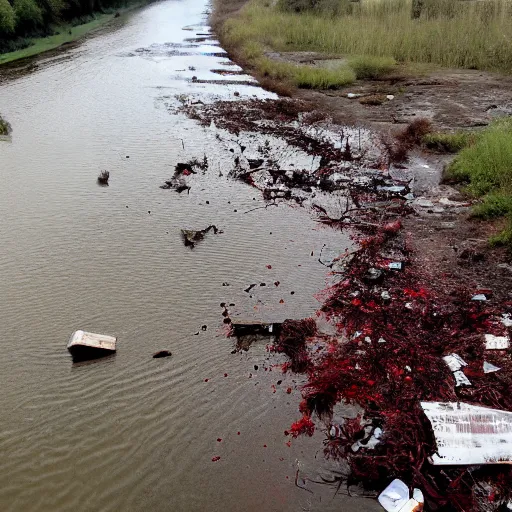 Image similar to odra river filled with blood and bodies of dead fauna in decay, high quality, informative press report photo 1 / 8 f