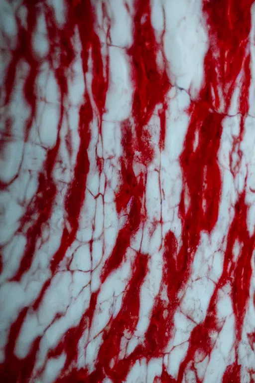 Prompt: dripping red paint across a white marble sculpture, realistic, dslr photograph