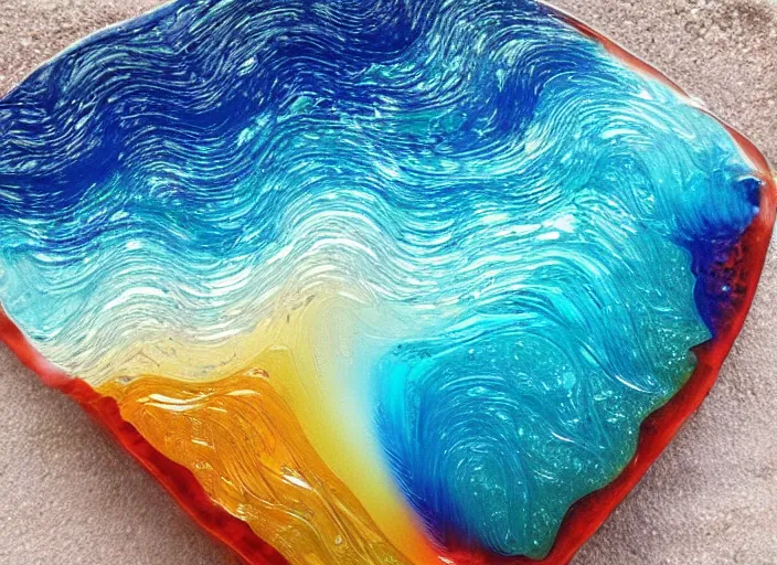 Prompt: an ocean wave transformed in resin and fossialized, colors, pale, highlights, artistic