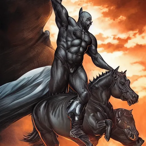 Prompt: chonky ethan van sciver with a bald head and grey trimmed beard with a pointy nose as the first horseman of the apocalypse riding a strong big black stallion, horse is up on its hind legs, beautiful artwork by artgerm and rutkowski, breathtaking, beautifully lit, dramatic, full view