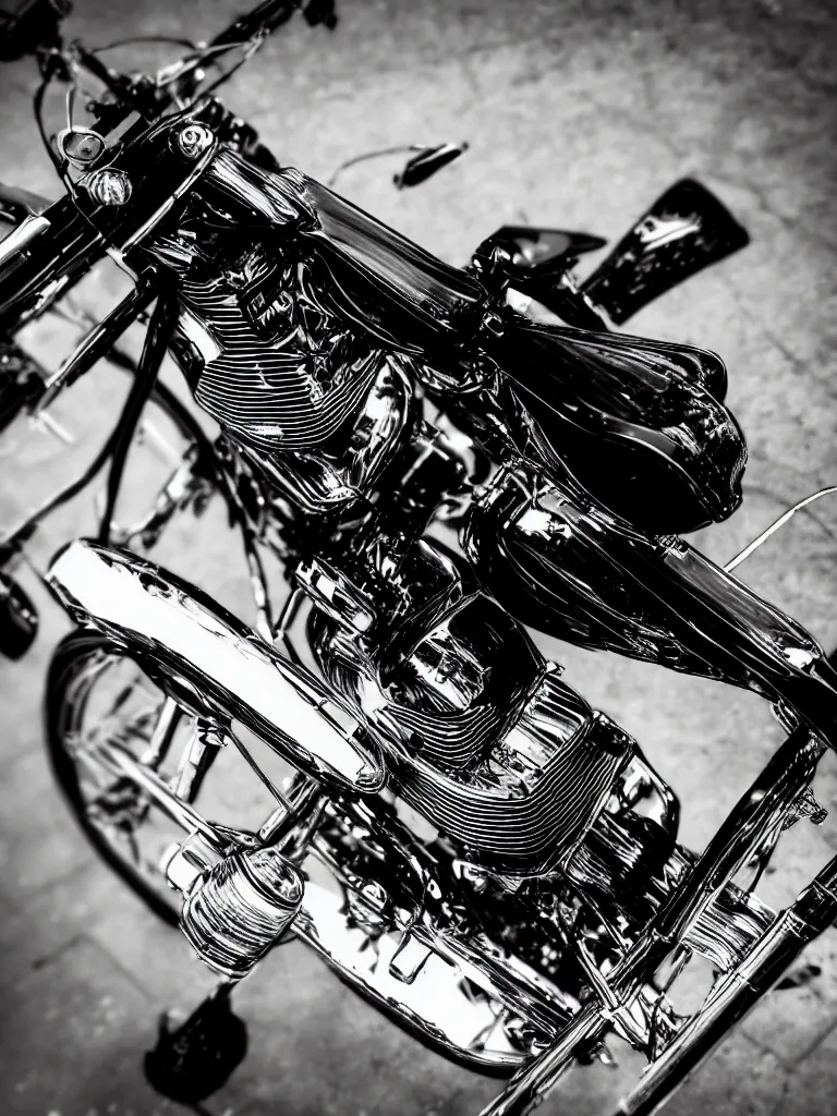 Image similar to three quarter view of a black chopper, wide lens, sigma 28mm, highly detailed, chrome, metallic reflections, depth of field, bokeh, backlight