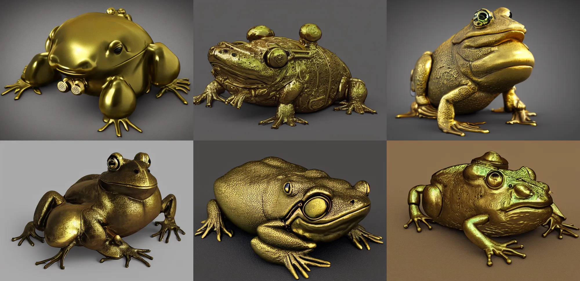 Prompt: brass steampunk bullfrog. highly detailed. octane render.