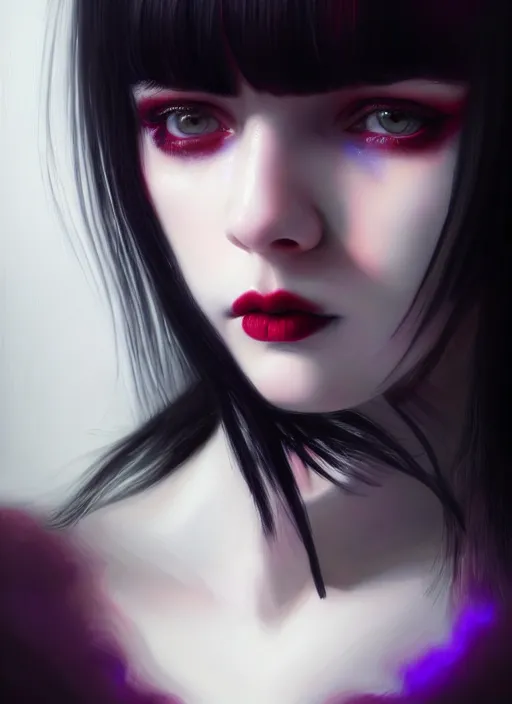 Image similar to portrait of teenage girl, red irises, red eyes, black hair, white bangs, purple lipstick, white bangs, bangs, black hair and white bangs, intricate, elegant, glowing lights, highly detailed, digital painting, artstation, concept art, smooth, sharp focus, illustration, art by wlop, mars ravelo and greg rutkowski