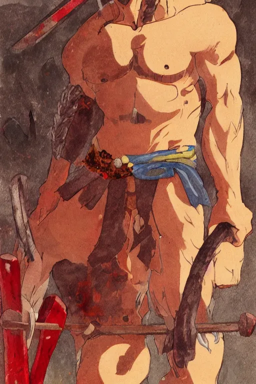 Image similar to muscular red skinned oni barbarian wearing a tattered loincloth and holding two axes, detailed, portrait, makoto shinkai